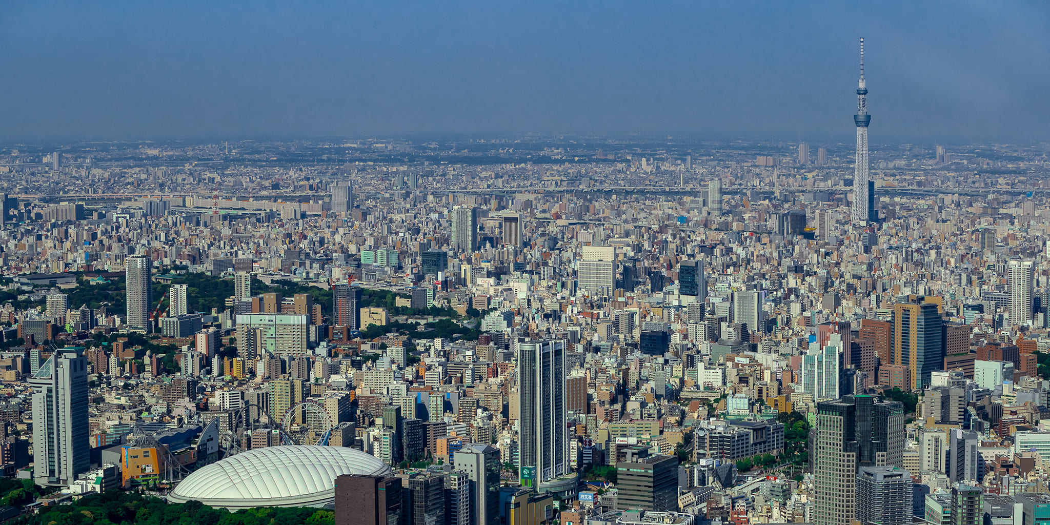 ヘリコプターで東京上空をフライトして見える後楽園